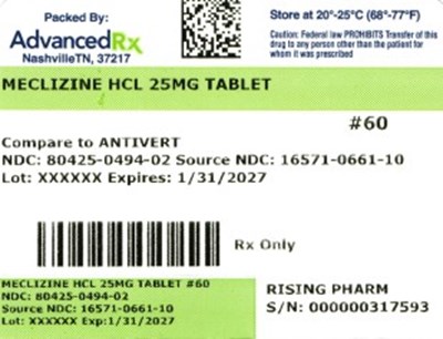 Meclizine HCl 25mg #60 (Meclizine HCl 25mg 80425 0494 02)
